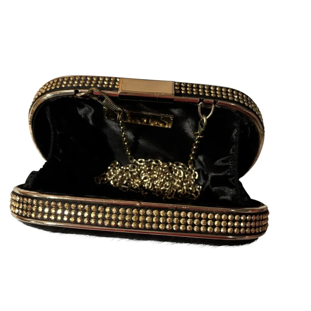 MMS‎ Black Pony Hair Studded Gold Frame Minaudiere Clutch Evening Bag